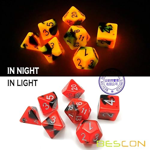 Miniatura 4 de Bescon Juego de dados poliédricos que brillan en la oscuridad de dos tonos Hot Rocks, juego de dados RPG luminosos d4 d6 d8 d10 d12 d20 d% paquete