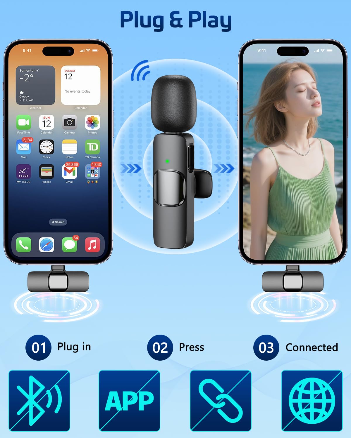 Pink Wireless Lavalier Microphone for iPhone & Android - Mini Clip-On Mic with Noise Cancellation, 65ft Range, 8H Battery, USB-C/Lightning - for TikTok, YouTube, Podcast, Live Streaming