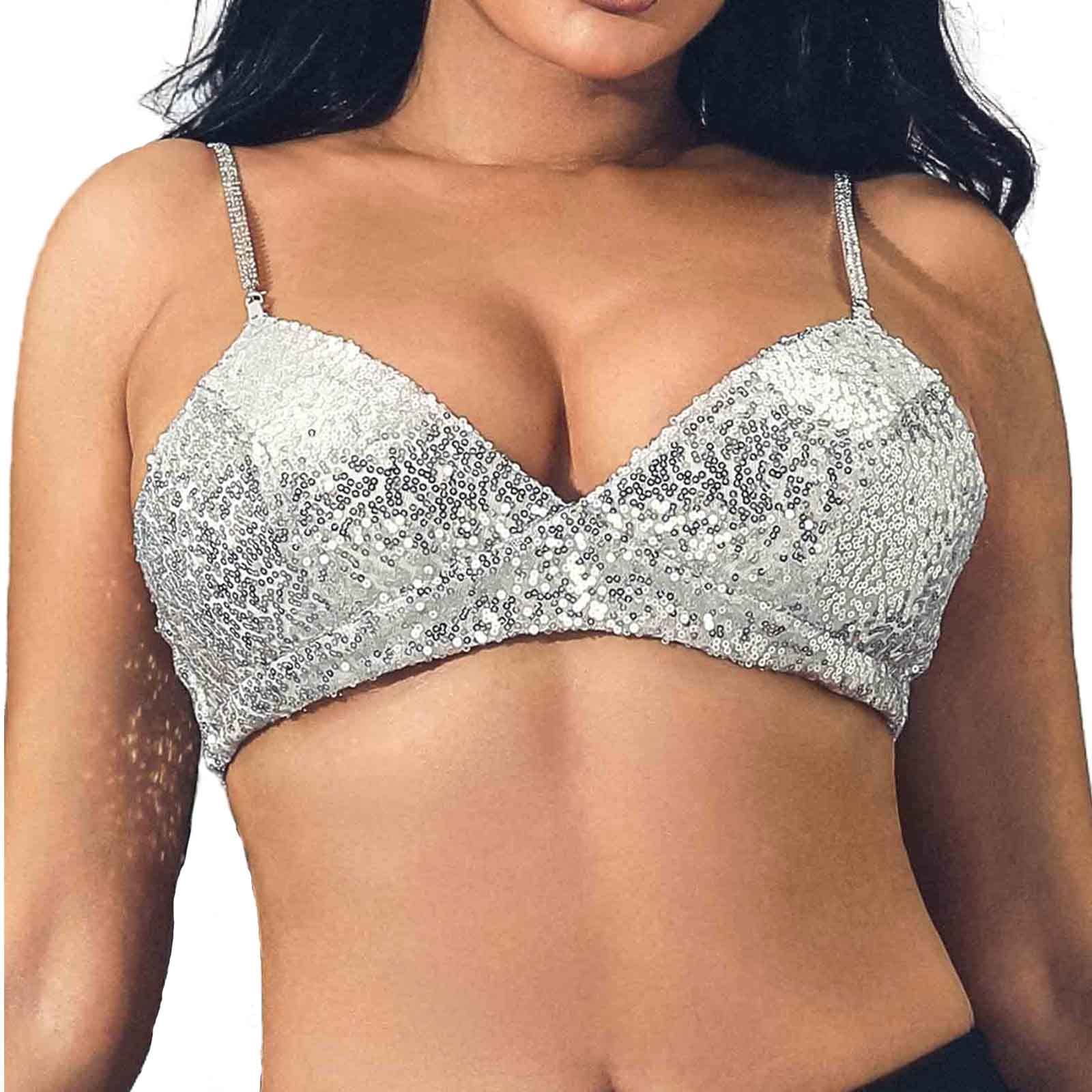 GRAEEN Sequin Spaghetti Strap Cami Tops Deep V Neck Crop Tops Glitter Sleeveless Tank Top Nightclub Costume Sequin Top, A1-silver, Medium