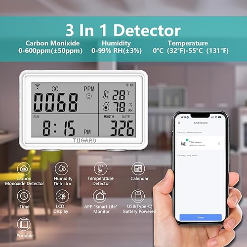 Miniatura 2 de Tuya WiFi portátil de monóxido de carbono, temperatura y humedad, termómetro digital inalámbrico para interiores, monitor de temperatura y humedad,
