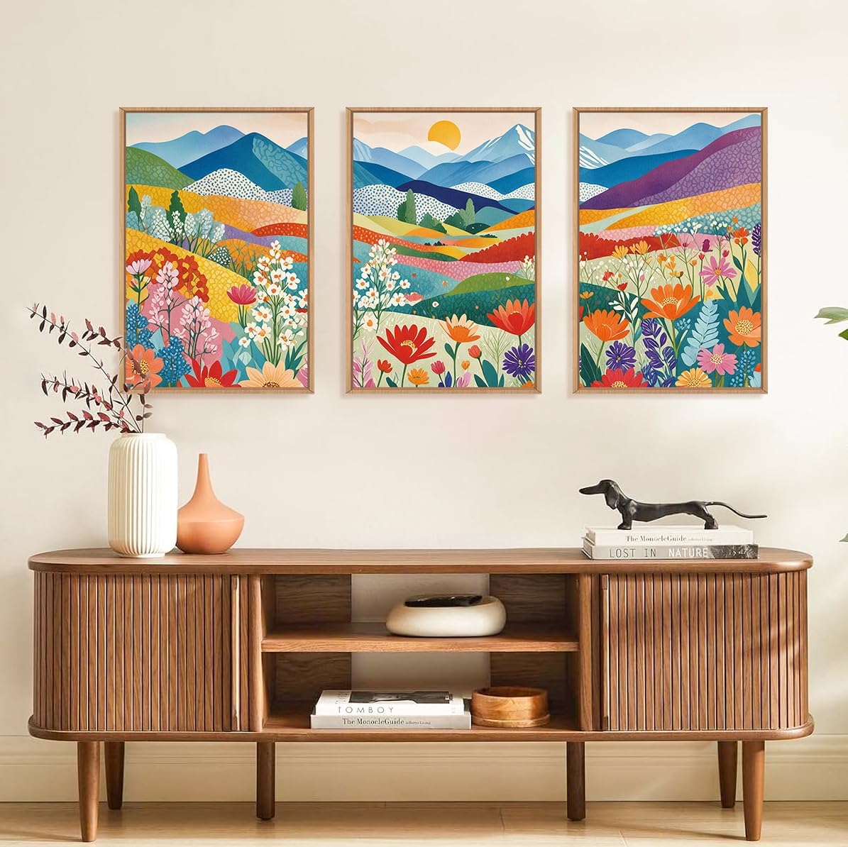 LHIUEM Large Abstract Mountain Flower Framed Canvas Wall Art,Colorful Watercolor Boho Wall Decor,Nature Floral Tree Wall Painting,Bohemian Artwork for Living Room,Bedroom,Dining Room,Office -16"x24"x3 image 4