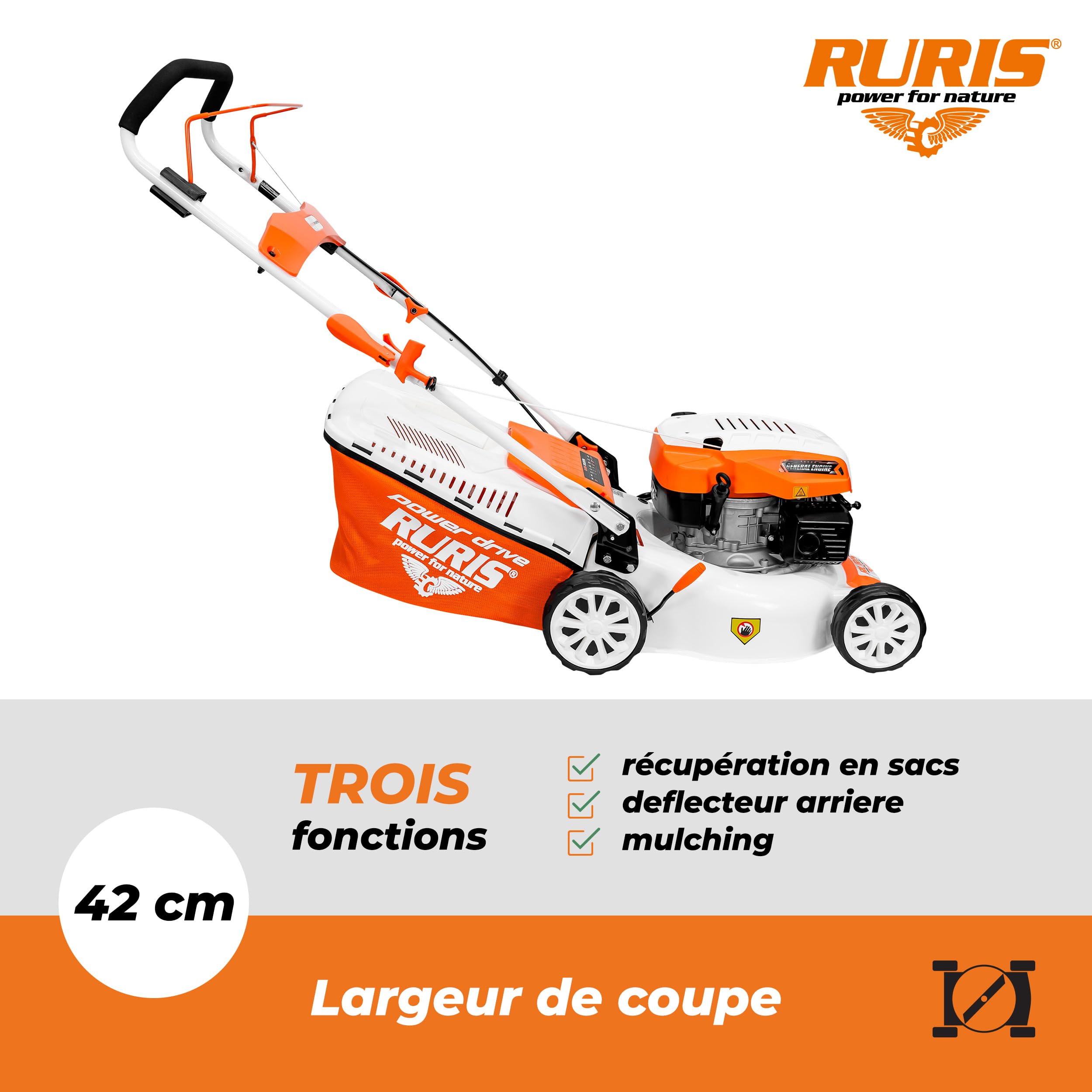 RURIS - Cortacésped térmico RX221S, 3,5 CV, 42 cm, Bolsa 45L, 3 en 1: Recogida, eyección Trasera, Mulching, chasis de Acero, Altura de Corte 25-75 mm, Naranja