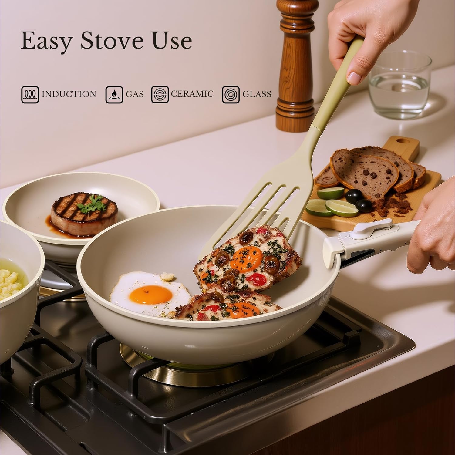 Pots and Pans Set Non Stick, Ceramic Cookware Set Detachable Handle, RV Camping Kitchen Cooking Set Removable Handles, Dishwasher/Oven/Fridge Safe, Induction, Space Saving，Cream White