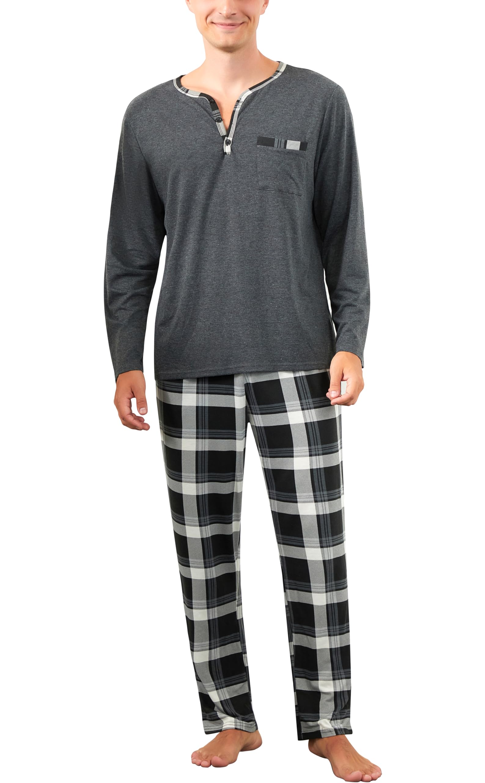Yukiuiny Herren Schlafanzug Lang Baumwolle Pyjama Zweiteiliger Nightwear Set mit Knopfleiste Langarm Shirt Pyjamahose mit Tasche