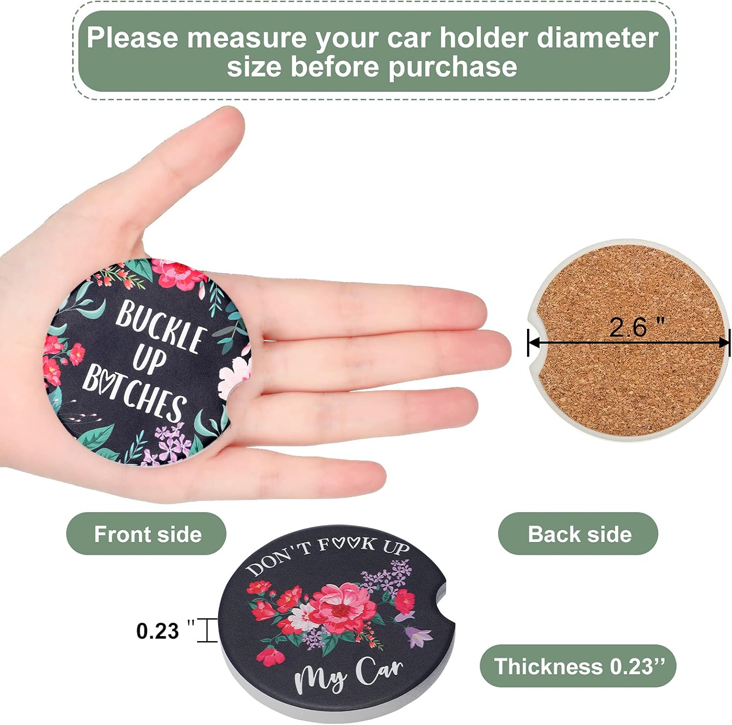 Boao 4 Pcs Floral Car Cupholder Coasters for Valentine's Day, Ceramic Coasters 2.56'' Anti Slip Base with Finger Notch for Dry Clean, Car Interior Accessories, Birthday Gifts - Image 3