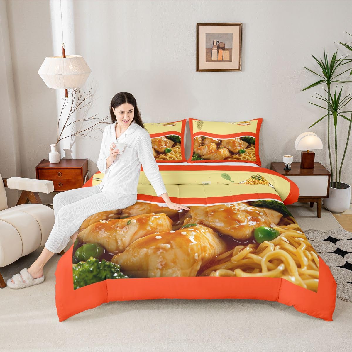 Feelyou Japanisches Ramen-Bettwäsche-Set, Queen-Size-Größe, gezogene Nudeln, für Kinder, Jungen, Mädchen, Dekoration, Schweinefleisch-Nudeln, Tröster, Mikrofaser, niedliches Bettbezug-Set