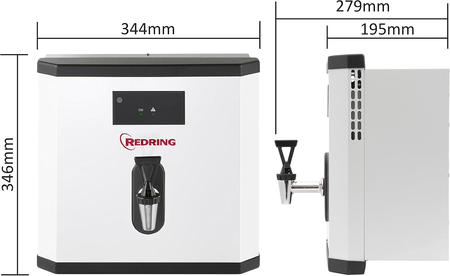 Diagram showing the dimensions of the Redring SensaBoil boiler: 346mm height, 344mm width, and 279mm depth (195mm for the main body).