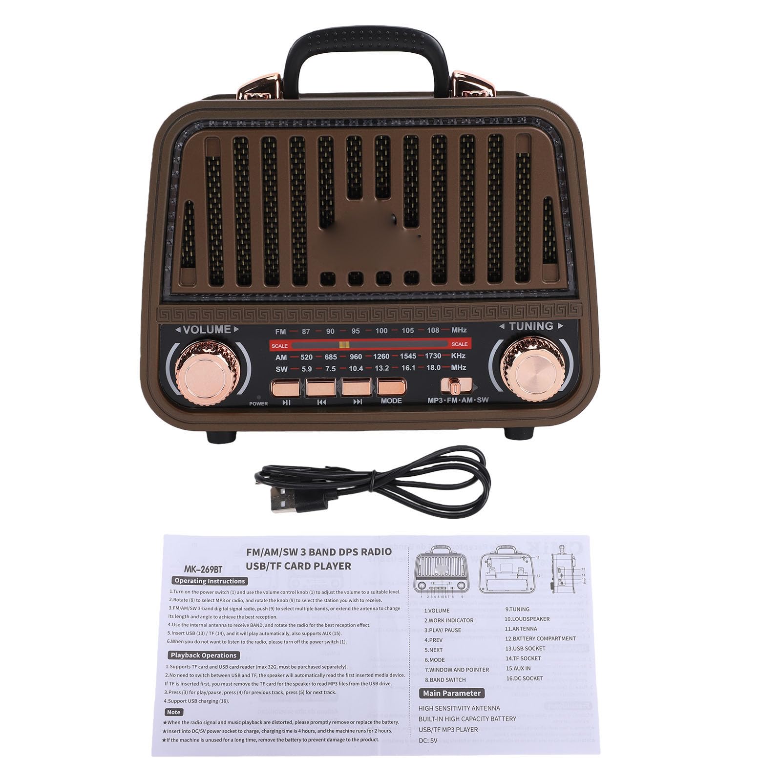 Cryfokt Altavoz Bluetooth Retro, Radio Am FM SW Portátil