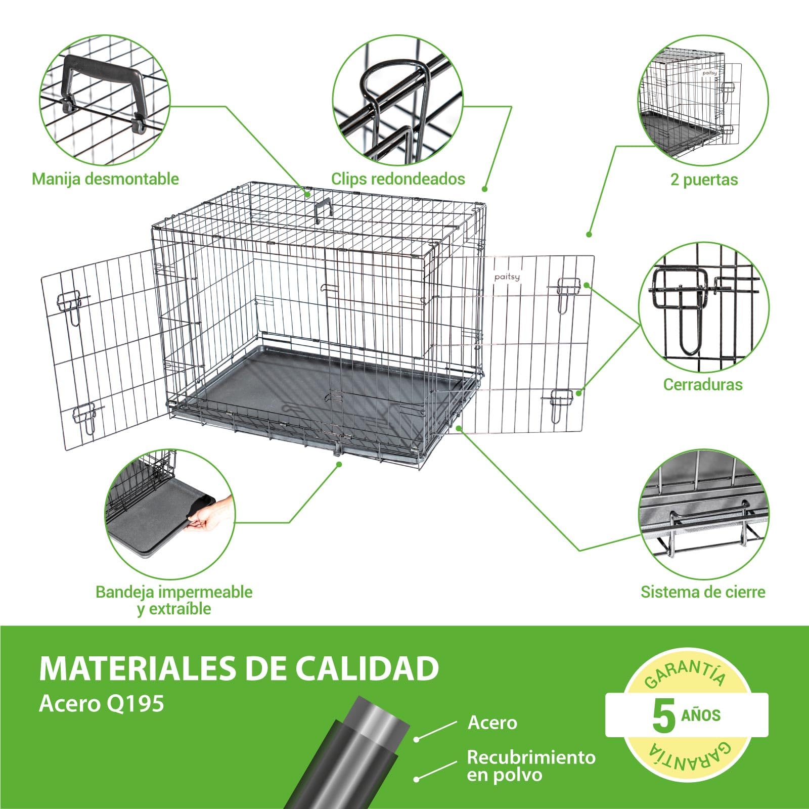 Jaula para Perro FortressooL, transportín para Perro y Cachorro 90x60x67 cm, Plegable, 2 Puertas, Bandeja extraíble, Uso Interior, garantía de 5 años