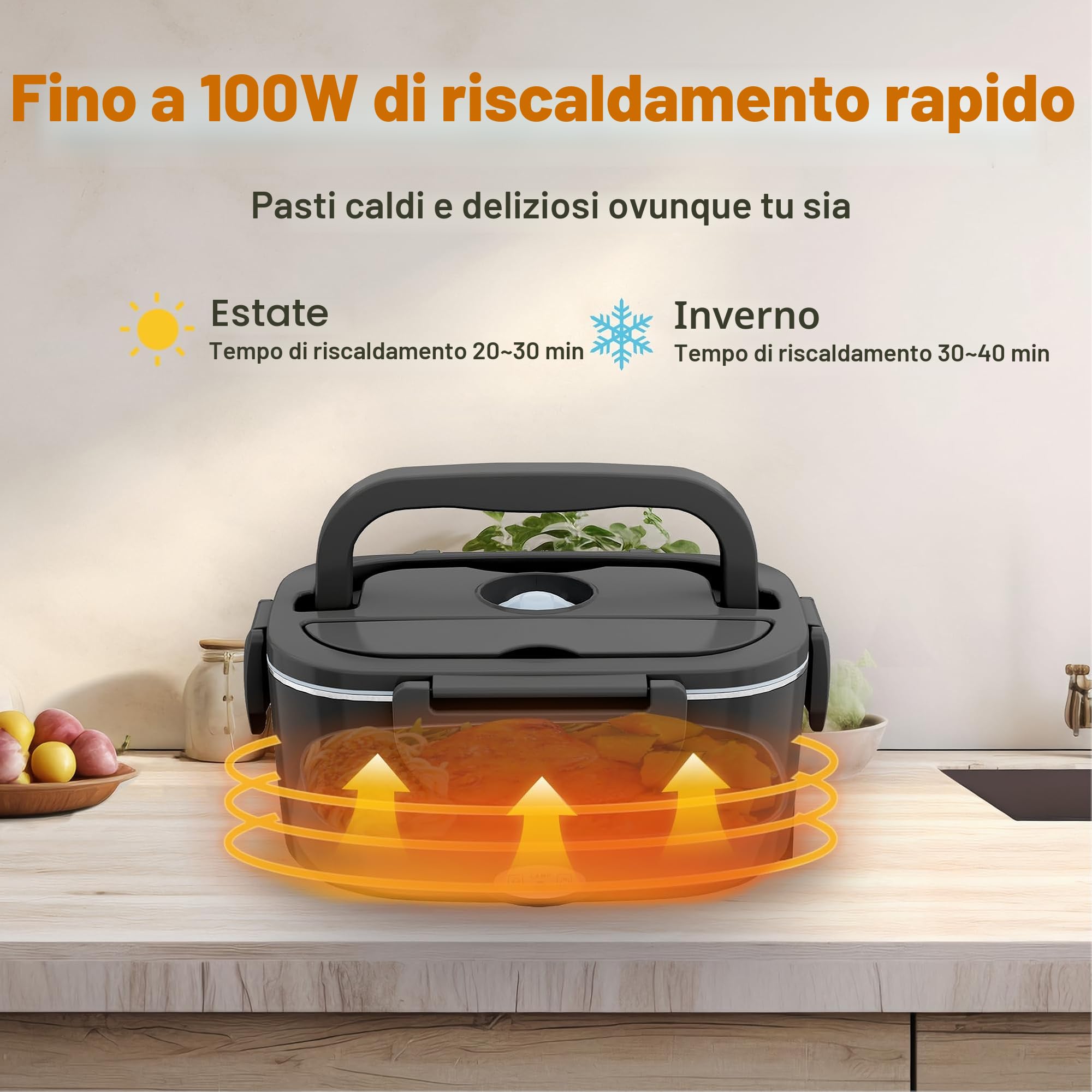 Nifogo Scaldavivande Elettrico 100W Lunch Box Elettrica 3 in 1 Contenitore Portavivande 1,5L l'ufficio, casa, Auto, Camion 12V 24V e 230V con Grigio Borsa isolante e Set di Posate(Nero)