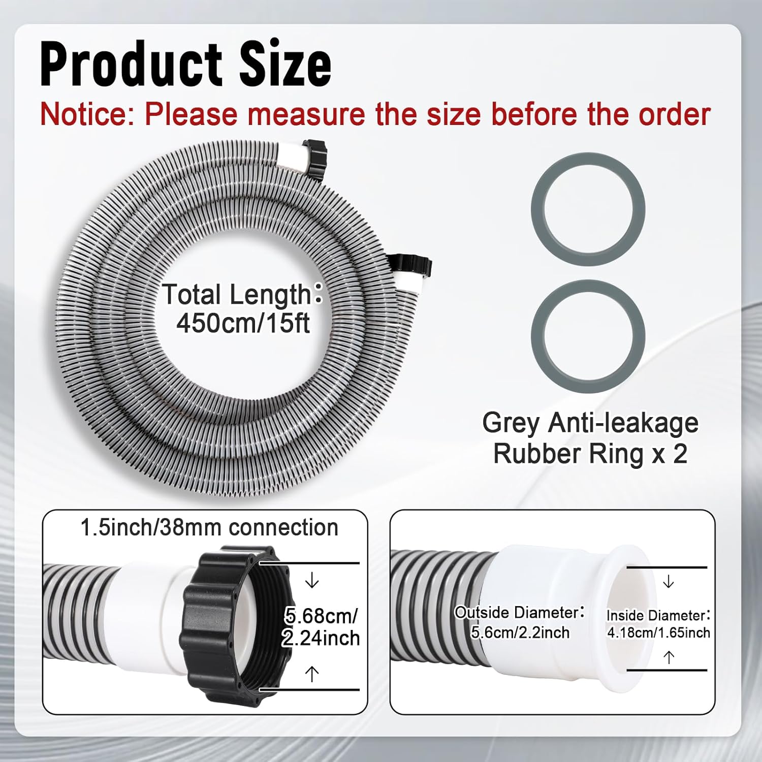 1 Pack 1 1/2 Pool Hose for Above Ground Pools 15ft Long Pool Pump Replacement Filter Hoses 1.5" EVA Swimming Pools Filter Hose for Filters Pumps, Saltwater Systems and Sand filters (Black)