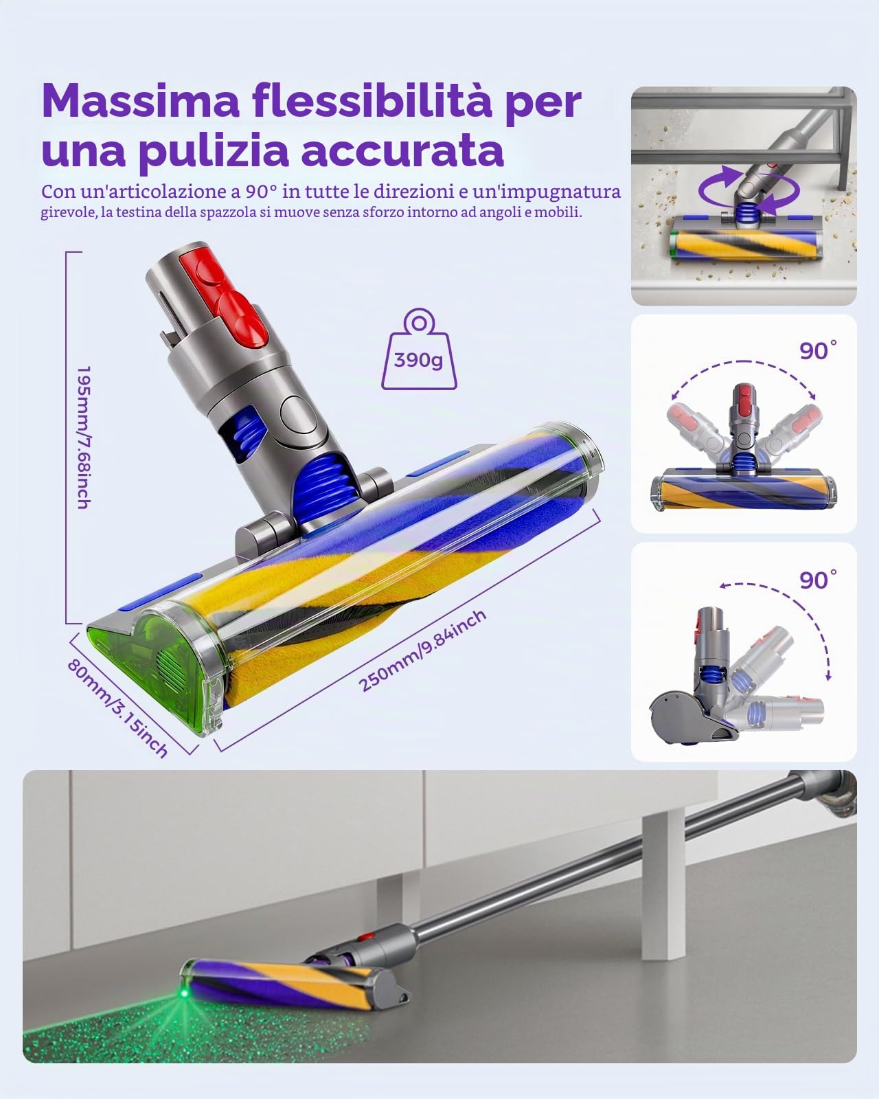 V15 Fluffy Optic Testina di pulizia per Dyson V15 V11 V10 V8 V7, rilevamento della polvere con luce verde, inserto rullo morbido per pavimenti duri e in legno