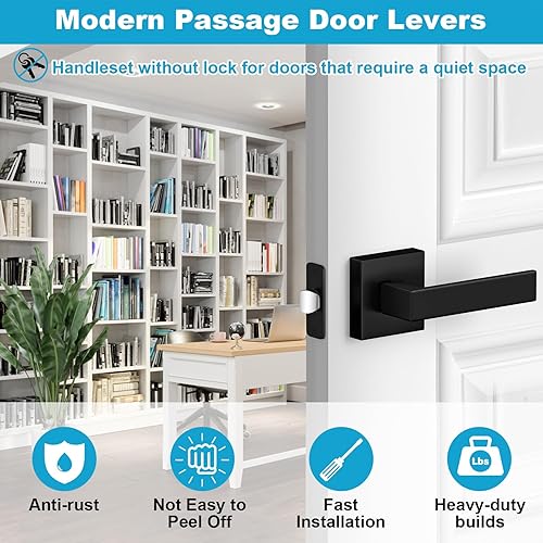 Miniatura 4 de Paquete de 2 manijas de puerta de paso, pomos de puerta color negro mate, manijas de puerta cuadradas interiores, manijas resistentes sin bloqueo,