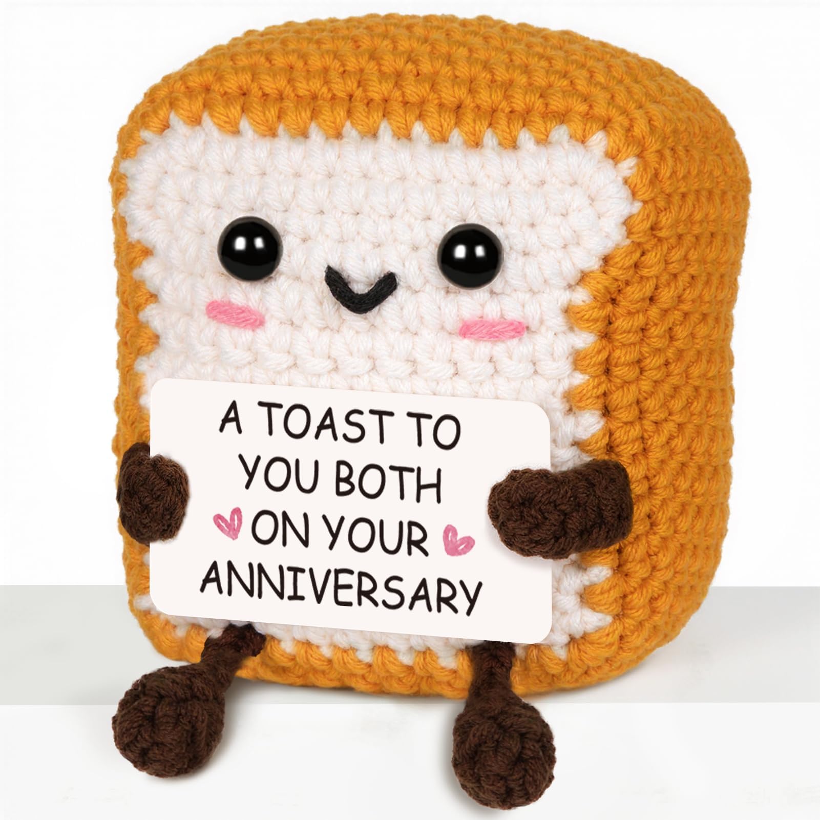 Anniversary Romantic Gifts for Her Him, Handmade Crochet Toast Plush - Golden Crust & Snow-White Bread with Smiling Face, Includes 'A Toast to Your Anniversary' Card - Anniversary Present Home Decor