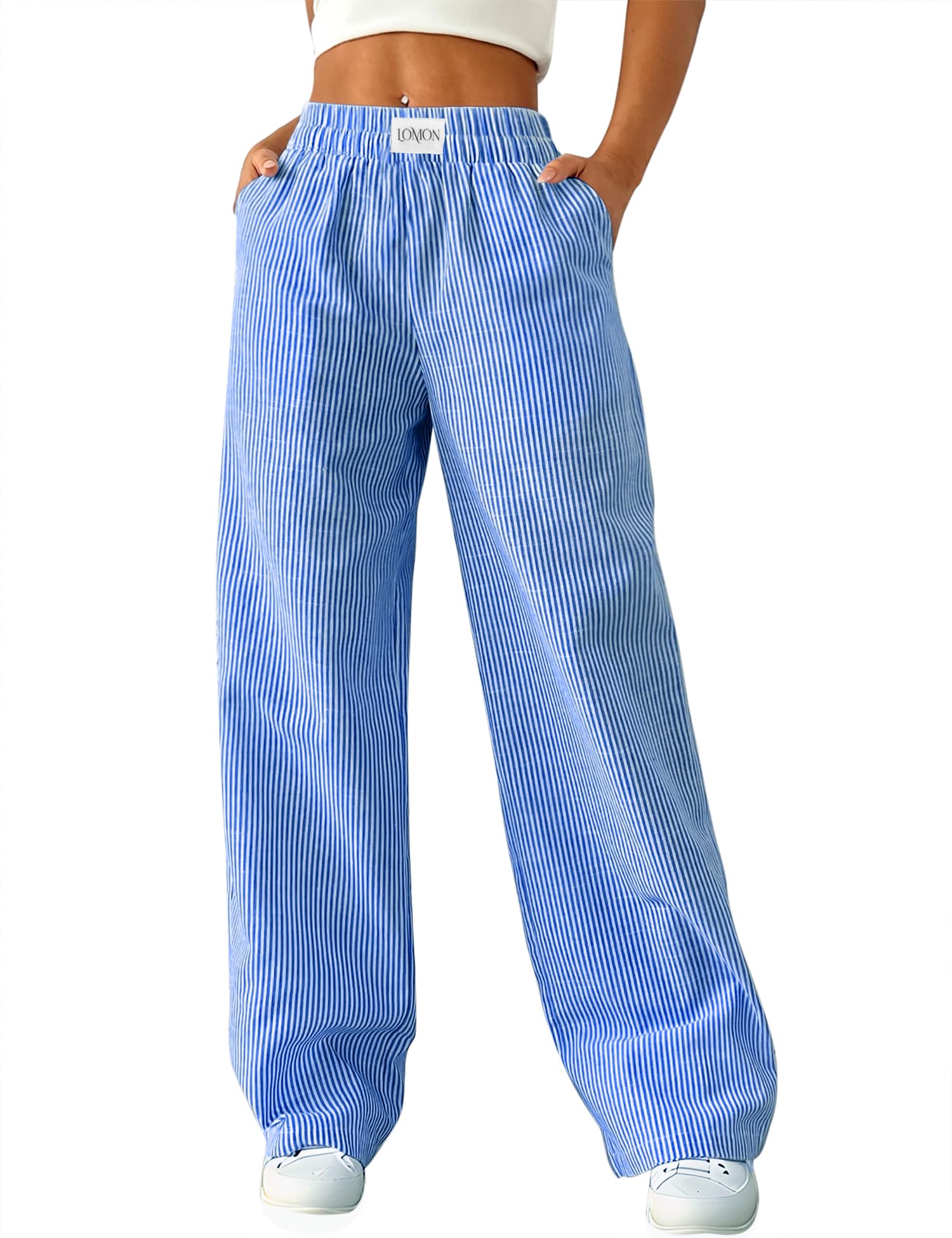 LOMON Womens Striped Gingham Boxer Pants Spring Summer Pajama Lounge Pj Casual Plaid Trousers Y2K Beach Bottoms with