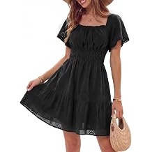 Womens Boho Summer Mini Dress Square Neck Short Sleeve Eyelet Hollow Out Lace Ruffle Casual Beach Vacation Dress