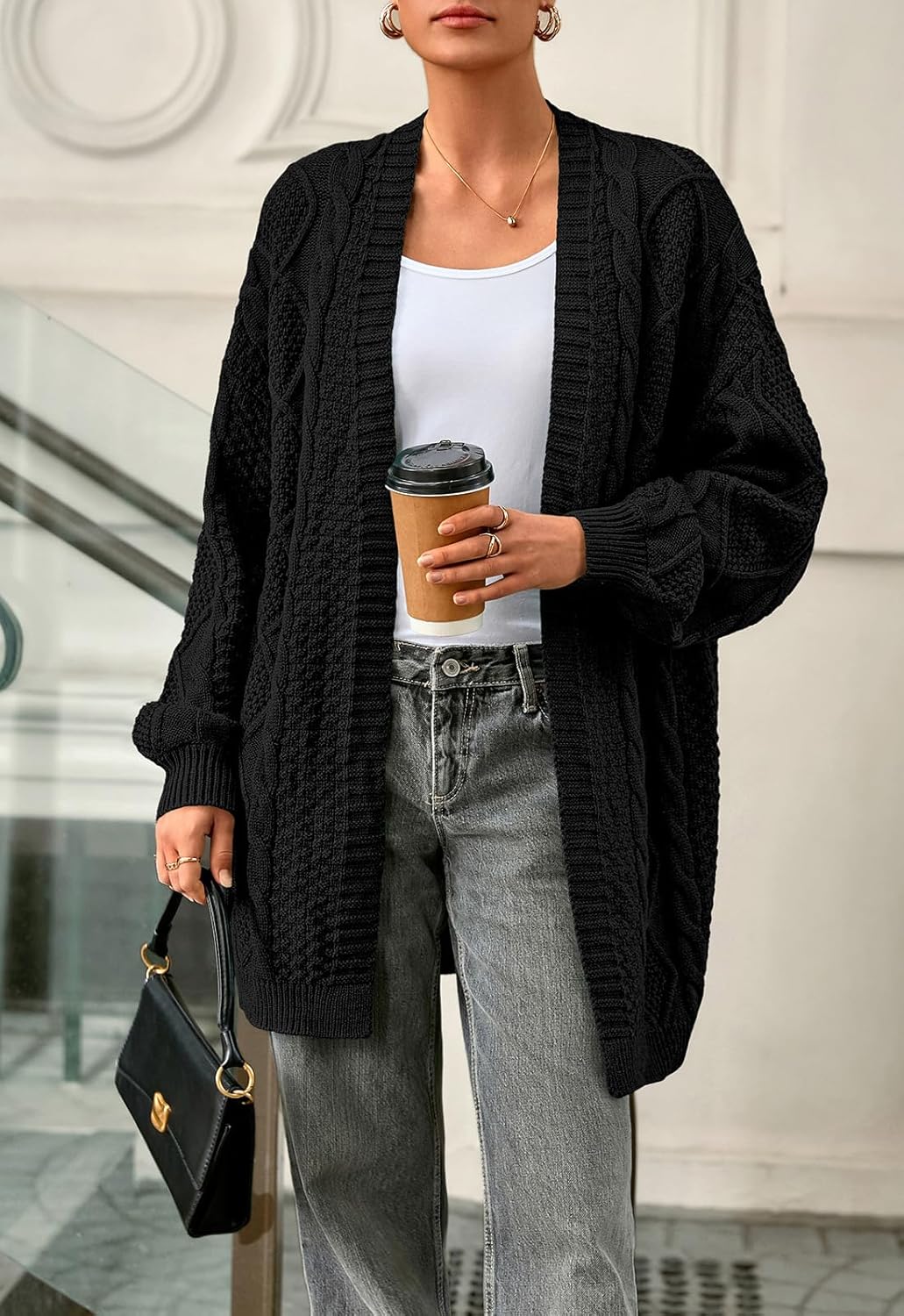 PRETTYGARDEN Women's Cable Knit Open Front Spring Sweater Lantern Long Sleeve Chunky Cardigan Sweaters Trendy Outerwear Coats - Image 4