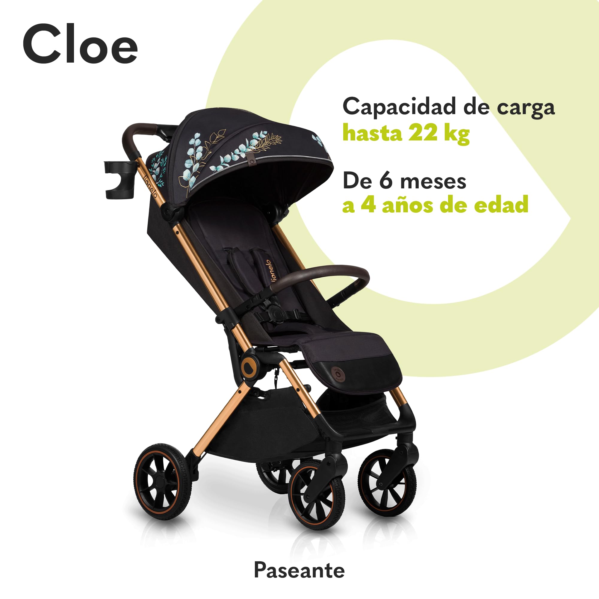 LIONELO Cloe Cochecito Plegable hasta 22 kg, Respaldo Ajustable Función Dormir, Arnés de 5 Puntos Ruedas Portavasos Ligero Compacto Impermeable, sillita, silla paseo ligera (golden moments) | Plegado compacto, arnés de 5 puntos, respaldo ajustable, ruedas