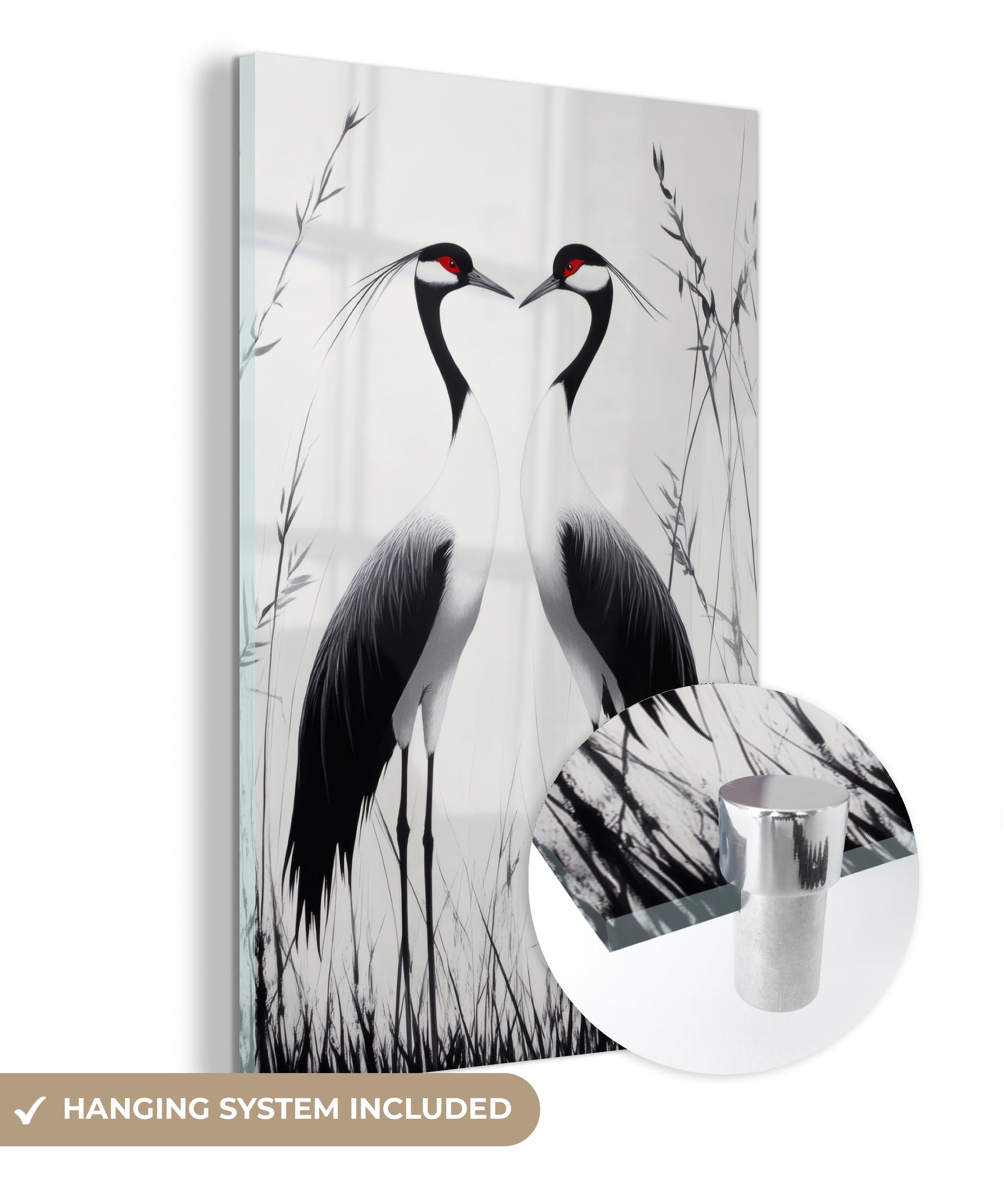 MuchoWow© Quadri Grande Formato 40x60 cm Mini Poster Parete Moderno Interno Stampa Foto Su Vetro Salotto Cornice Murale Arredamento Gru - Erba - A Forma Di Cuore - Nero