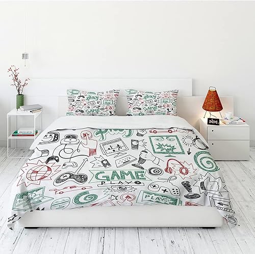 Miniatura 4 de Vichonne Juego de edredón para niños y adolescentes, tamaño Queen, juego de ropa de cama para niños, videojuegos, estilo boceto, atlético, diseño de
