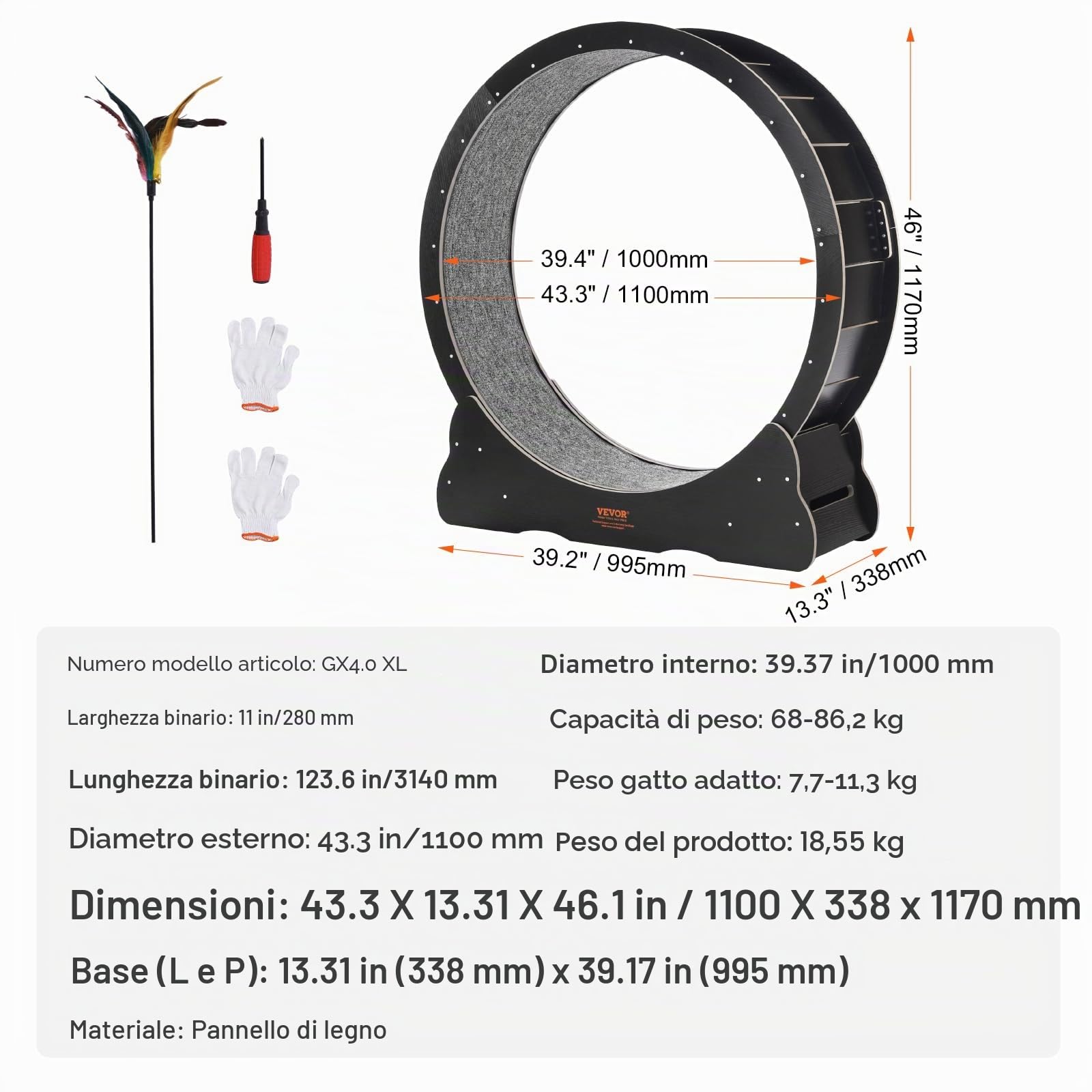 VEVOR Ruota per Esercizi per Gatti Ruota da Corsa per Interni Grande da 1100 mm, con Tapis Roulant Rimovibile, Teaser per Gatti per Correre, Camminare, Adatta per la Maggior Parte dei Gatti, Nera