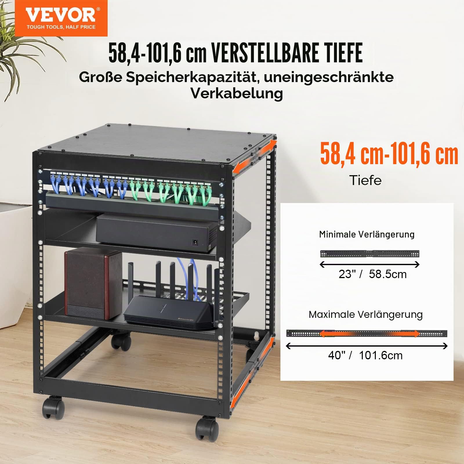 VEVOR 12U-Server-Rack mit offenem Rahmen 15-40" verstellbare Tiefe freistehender/wandmontierter Netzwerk-Server-Rack 4-Pfosten-AV-Rack mit Rollen für Ihre gesamte Netzwerk-IT-Ausrüstung AV-Ausrüstung
