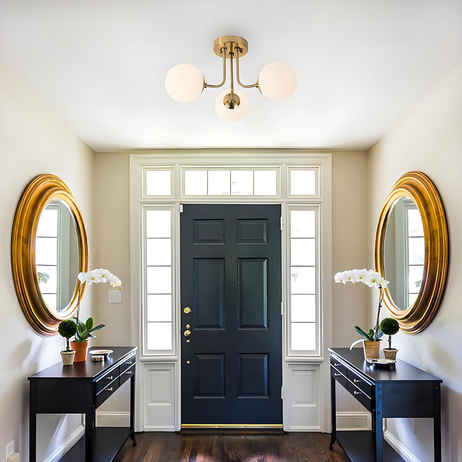 Modern Semi Flush Mount Ceiling Light 3-Light,Globe White Glass Shade Semi Flush Mount Ceiling Light, Sputnik Chandeliers for Bedroom Hallway Dining Room Lighting Fixture