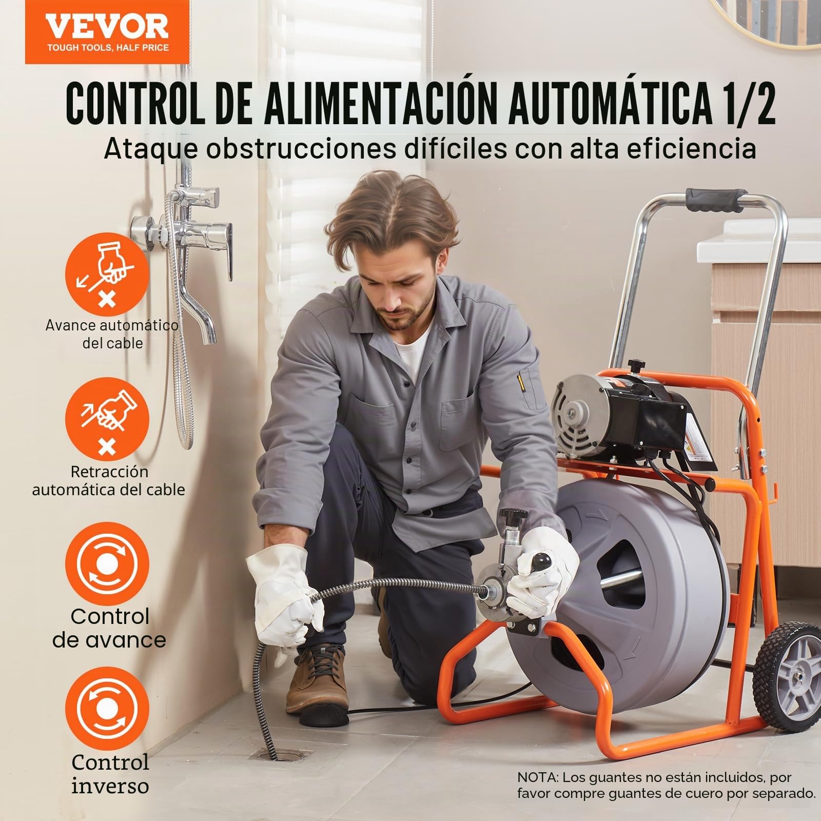 VEVOR Desbloqueador de Tuberías Eléctrico Máquina de Limpieza de Tuberías 22,8m x 1,27cm Limpiador de Tubos de Drenaje con Alimentación Automática Accionamiento Neumático para Tuberías de 5-10 cm
