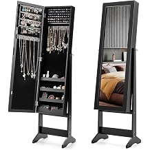 LOKO Freestanding Jewelry Armoire Cabinet, Jewelry Organizer with Full Length Mirror, Standing Makeup Mirror Cabinet w/ 3 Adjustable Angles & Large Storage Capacity, for Bedroom Dressing Room Black