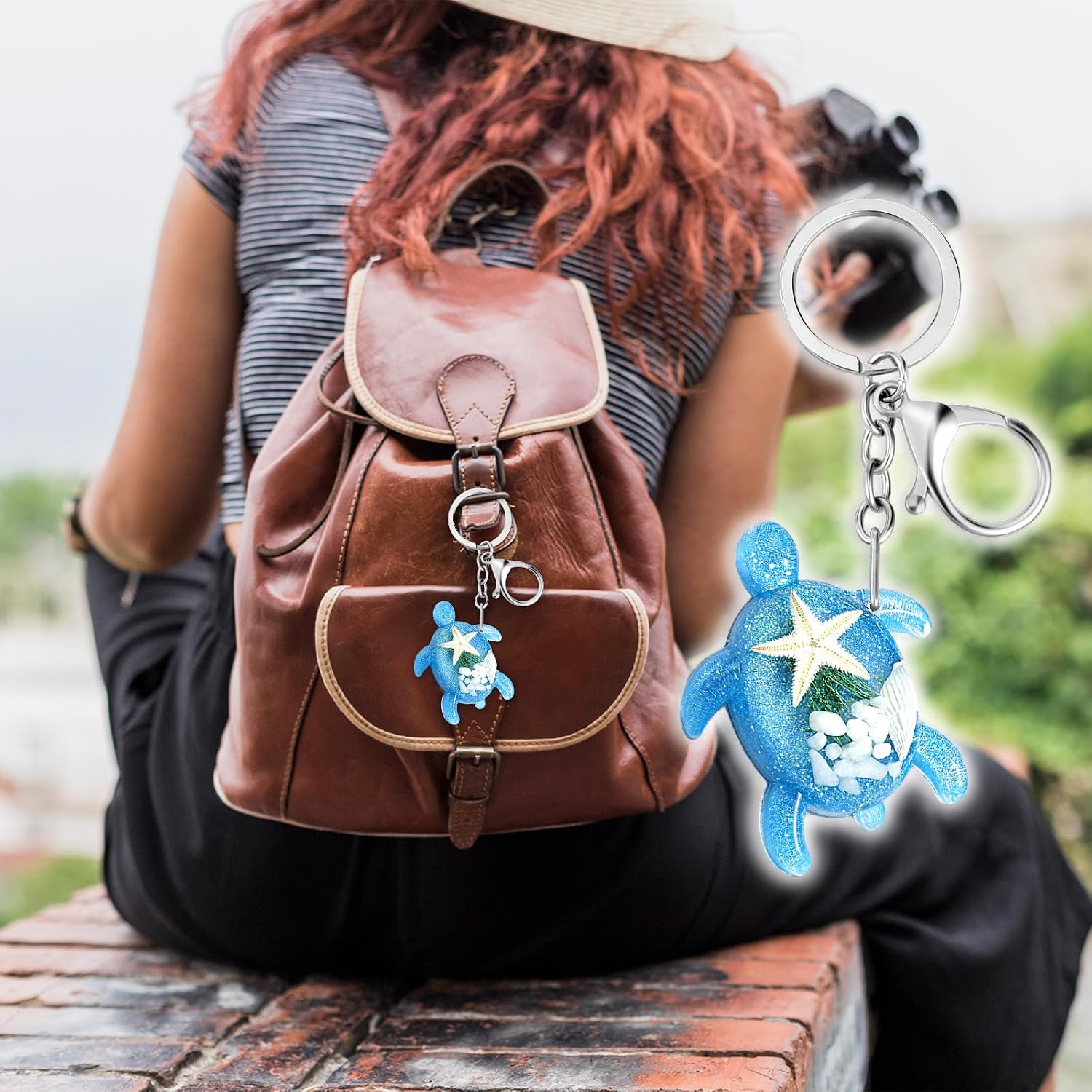 Amabro Turtle Keychain, Sea Turtle Keyring Beach Keychain with Clasp Purse Charm 3D Turtle Ocean Animal Birthday Gift