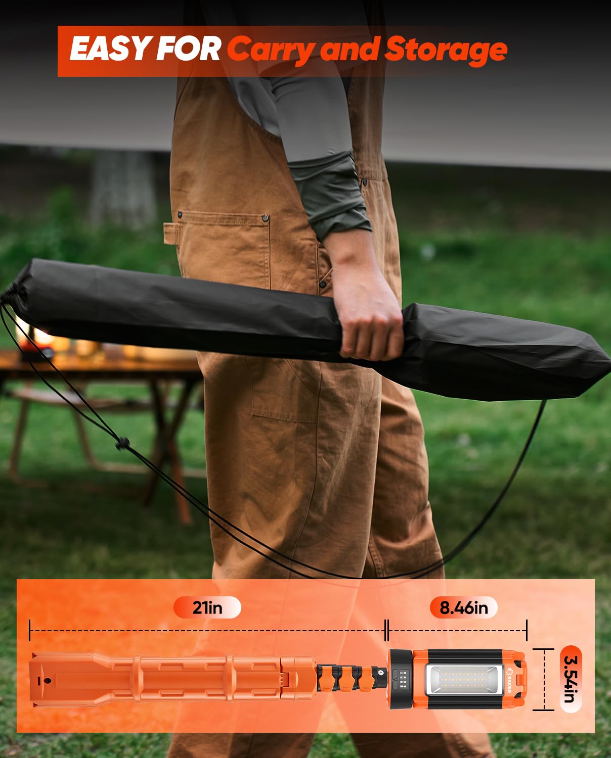 Saker Tragbare Campingleuchte mit Ständer, 185,4 cm, 20000 mAh, wiederaufladbar, LED-Arbeitsleuchten, 800/3200 Lumen, 4000/6500 K, mit abnehmbarem Stativ für Camping, Arbeiten im Freien, Stromausfälle