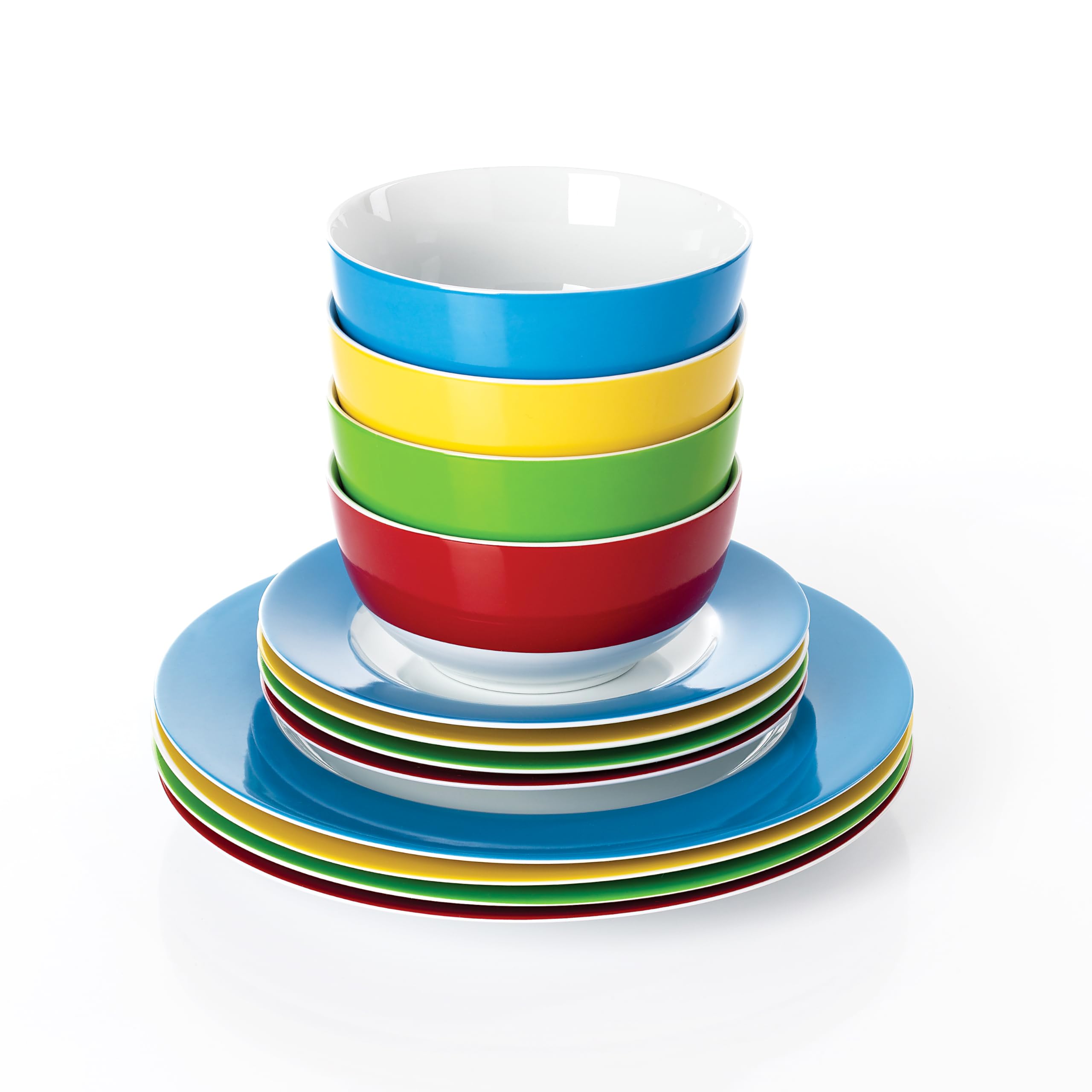Waterside 12pc Colour Band Porcelain Dinner Set, 4 Dinner Plates, 4 Side Plates & 4 Deep Bowls - Dishwasher & Microwave Safe