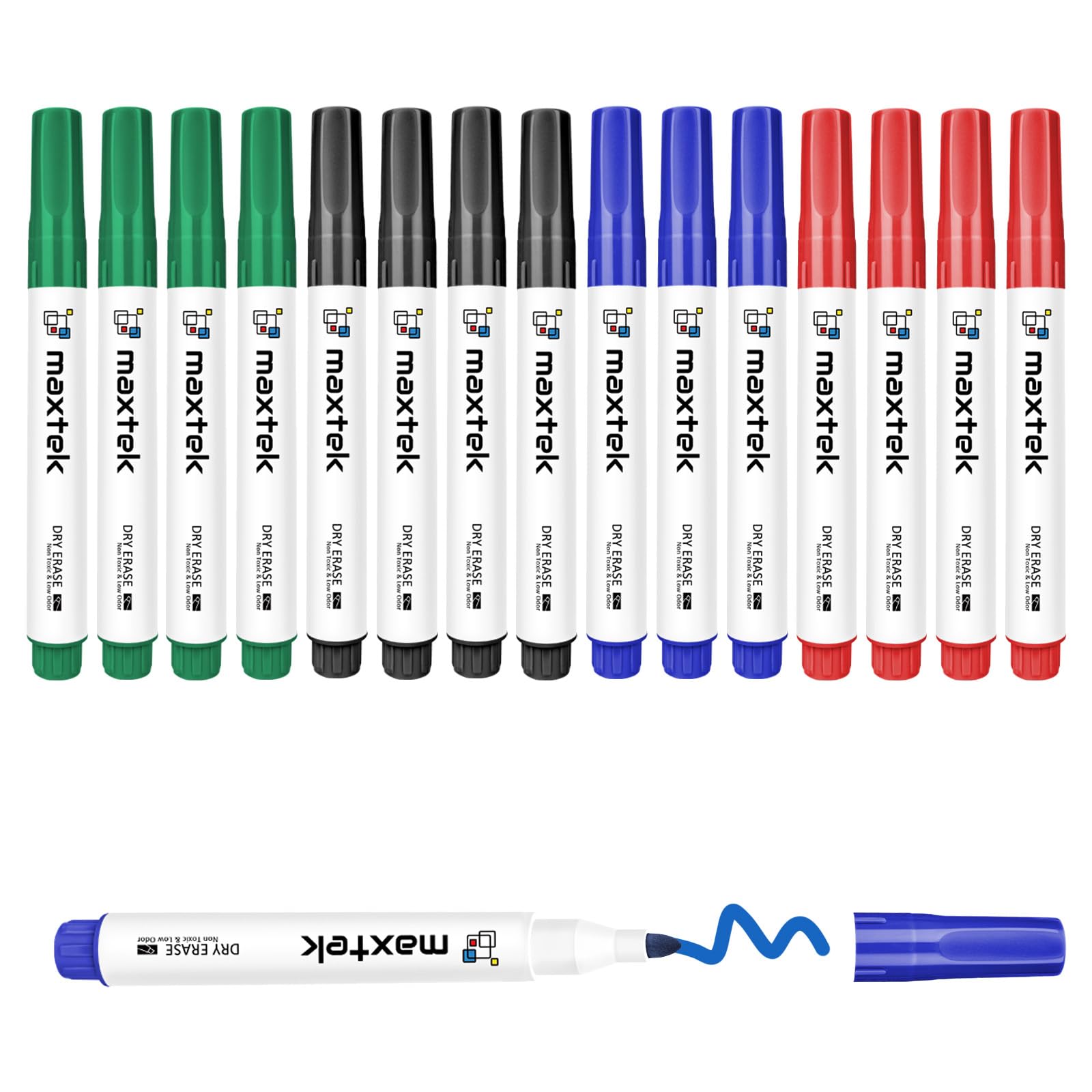 maxtek Rotuladores Pizarra Blanca, 16 Whiteboard Marker Punta Redonda 2-3 mm, Rotuladores Para Pizarra Blanca de Bajo Olor, Ideal para Hogar, Escuela y Oficina(4 Colores)