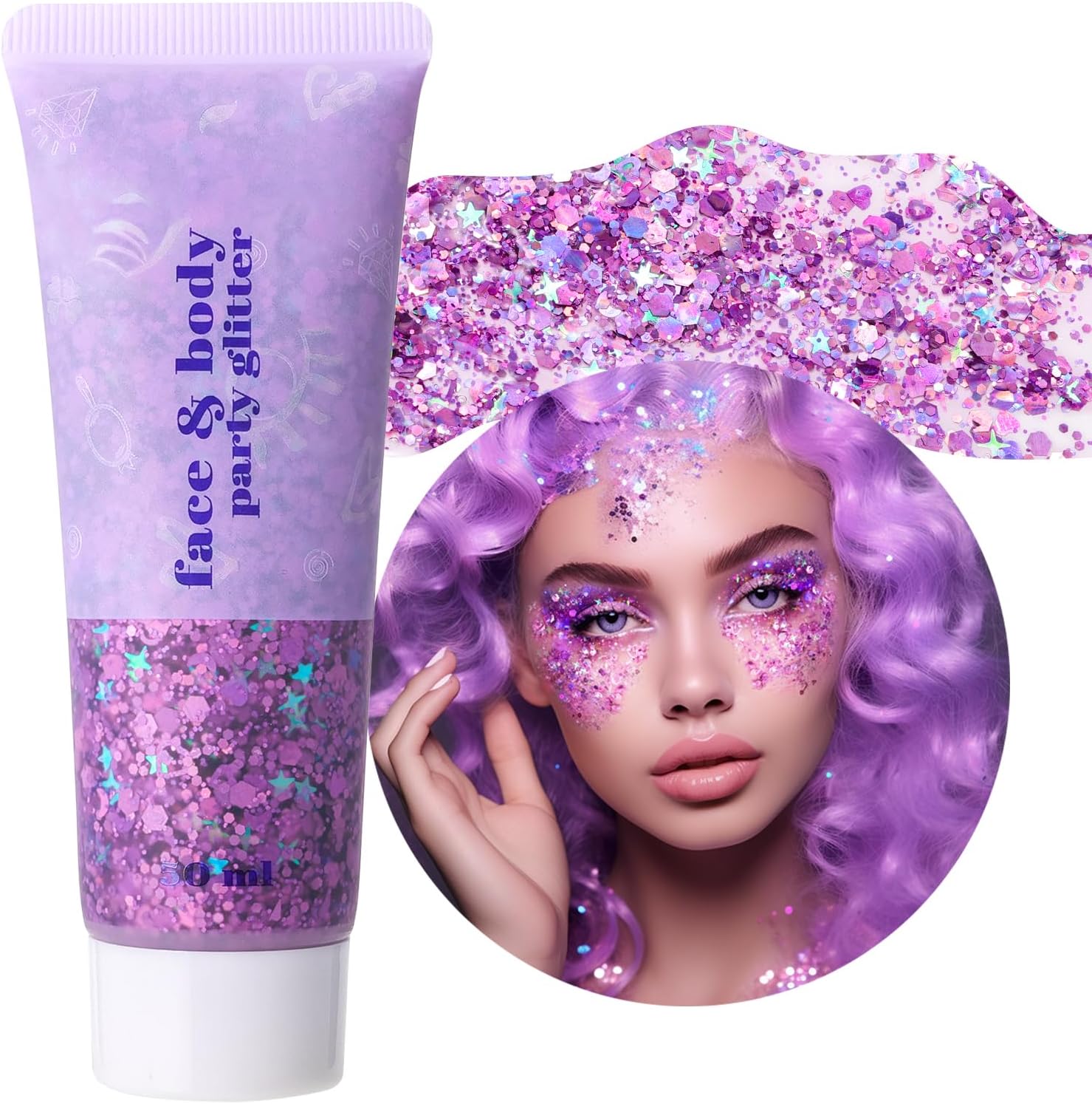 DAGEDA Purple Body Glitter Gel, Holographic Face Glitter Body Gel Rave Party Accessories, Chunky Glitters for Face Hair Nails, Cosmetic Laser Powder Festival Sequins Paint Makeup