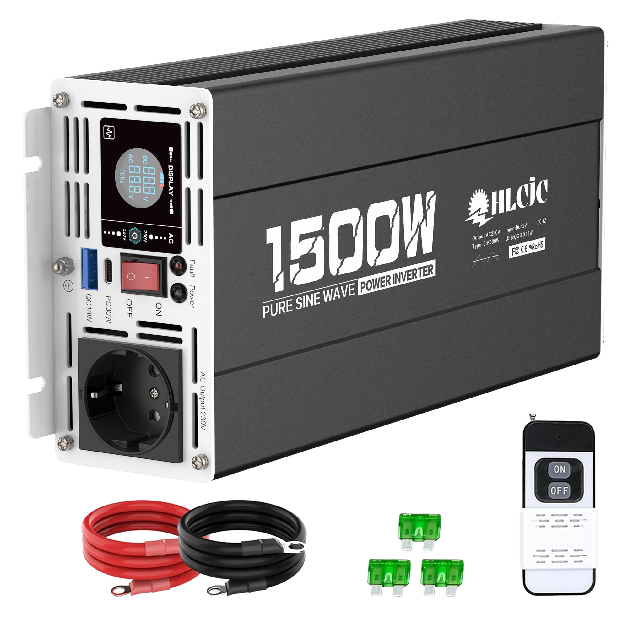 Inversor de corriente sinusoidal puro de 1500 W/3000 W, 12 V a 230 V, 1 enchufe europeo, con 1 x PD 30 W USB-C, 1 x QC 3.0 18 W USB-A de carga rápida, pantalla LCD para autocaravana, camión