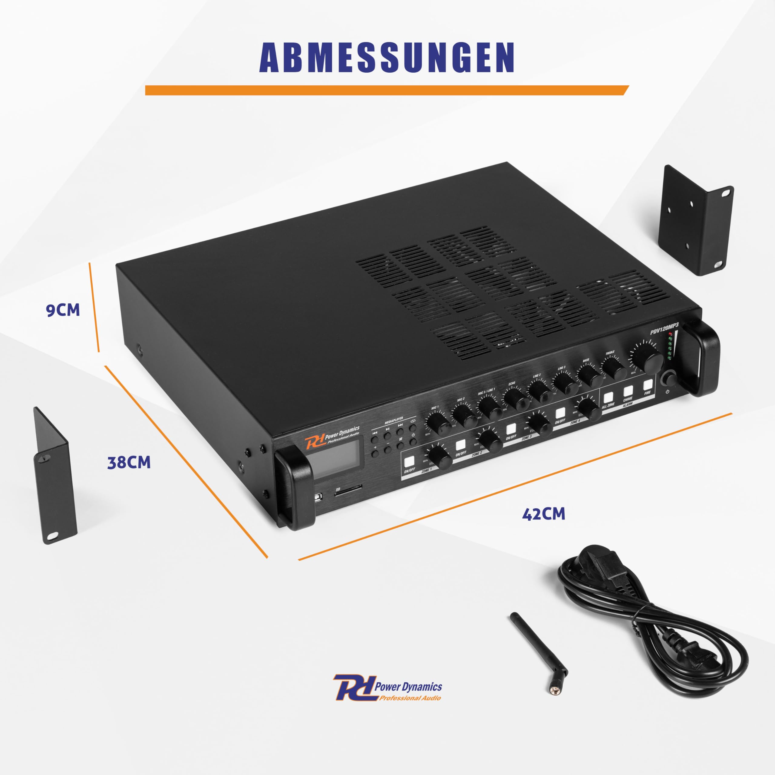 Power Dynamics PDV120MP3-4 Zonen Receiver 120 Watt, PA Verstärker mit Bluetooth, MP3, USB, SD & UKW Radio, 3x Mikrofon Anschluss, Karaoke, 3x Audio Eingang, 100 Volt System - Schwarz