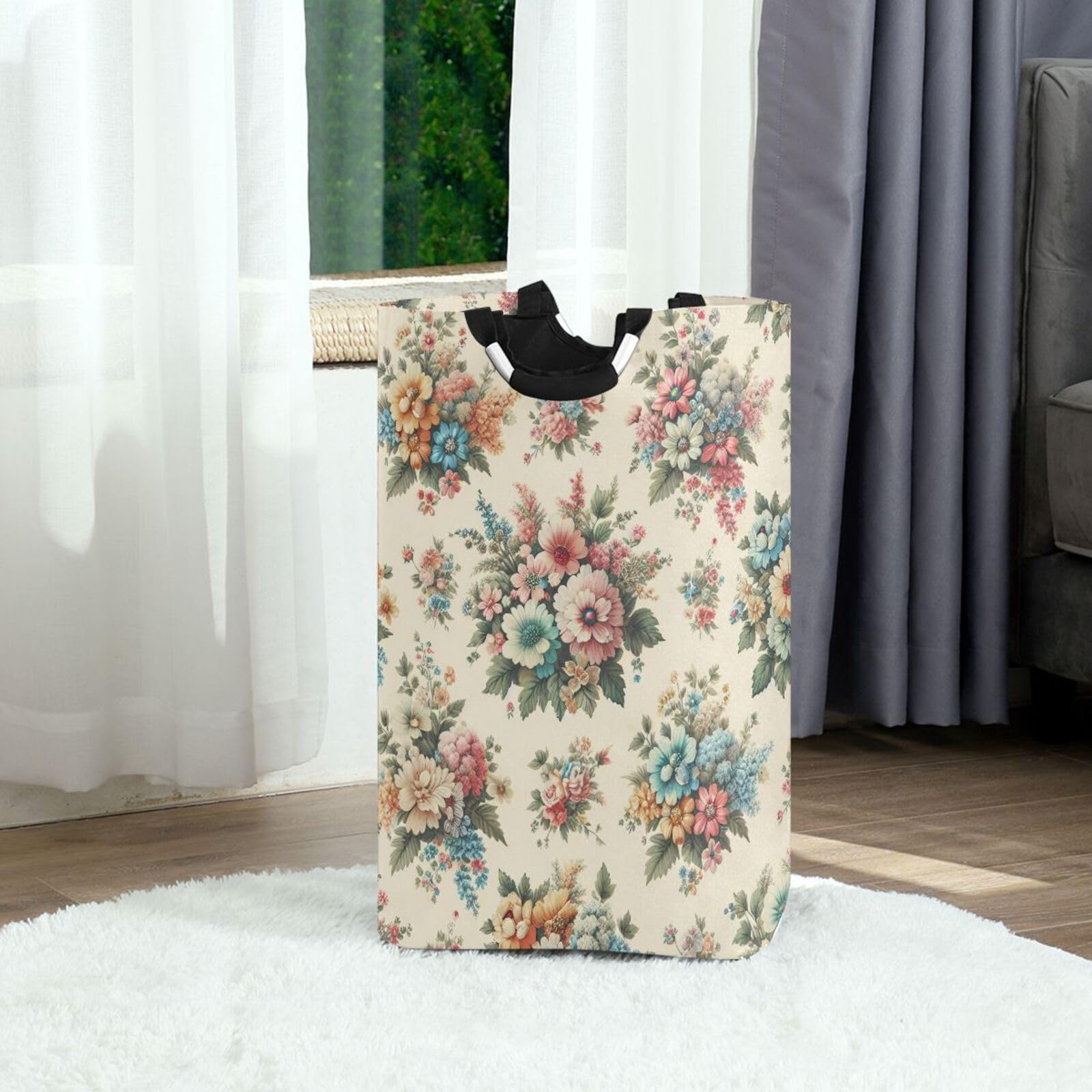 Jihqo Laundry Hamper Basket Bright Flowers Collapsible Nursery Storage Bin Waterproof Clothing Baskets for Home Bedroom Bathroom Washing Room