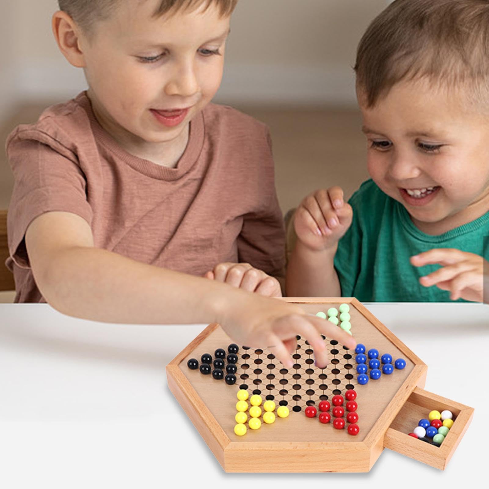 Jeu De Dames Chinoises en Bois-avec Billes De Verre Colorées,Jeu De Dames Colorées Intérieur/extérieur pour Jeu De Société Éducatif Dames Chinoises Classique Halma Dames Chinoises Stratégie