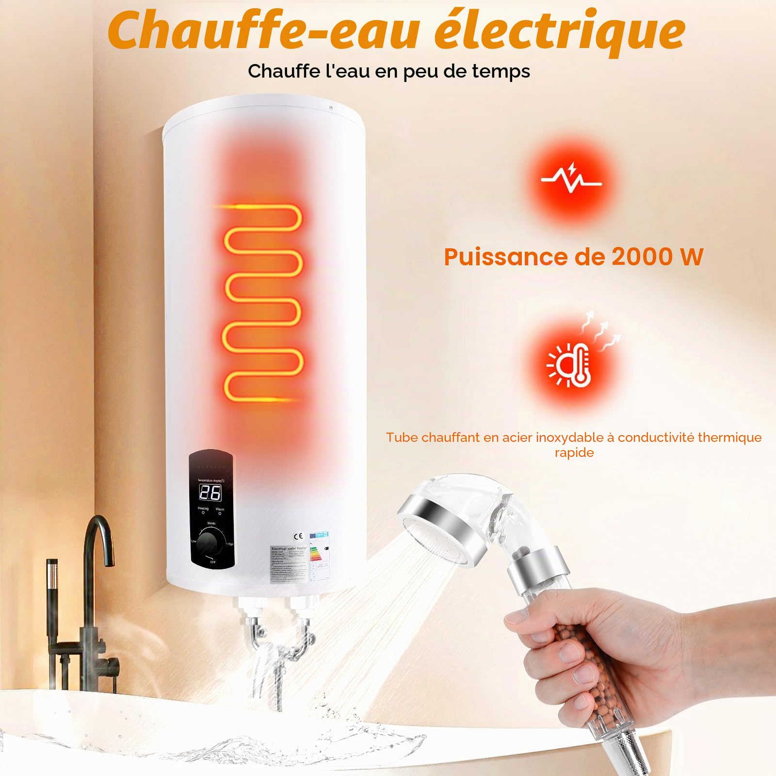 Chauffe-eau 100 l - Chauffe-eau 2 kW - IPX4 - LED vertical - Chauffe-eau mural en ABS - Pour cuisines, toilettes, salons de coiffure, salles de bains, caravanes