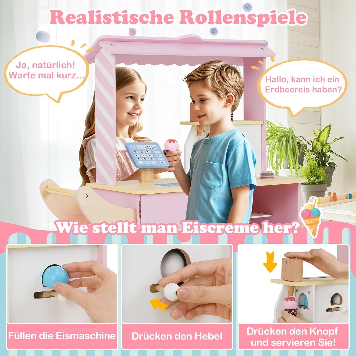 FANTASK Chariot à Glace pour Enfant Rose avec 15 Accessoires, Magasin en Bois avec sorbetière, Caisse enregistreuse, Scanner et Distributeur Automatique, Magasin de marchands et crème glacée, Jouet