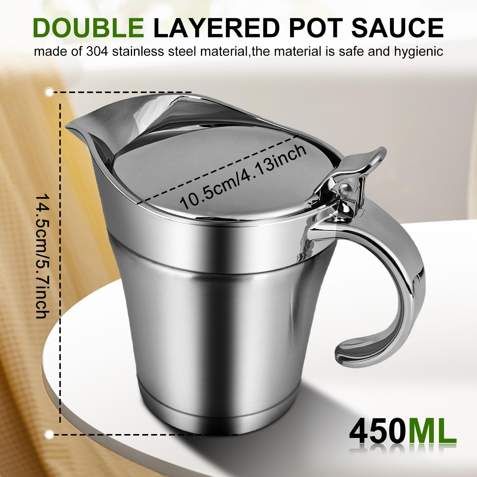450 ML Edelstahl Thermo Sauciere: Sauciere Soßenkanne mit Klappdeckel und Henkel, Soßenspender Doppelwandig Soßenkanne Milchkännchen, für Servieren von Soße, Vanillesoße, Sahne, Soße