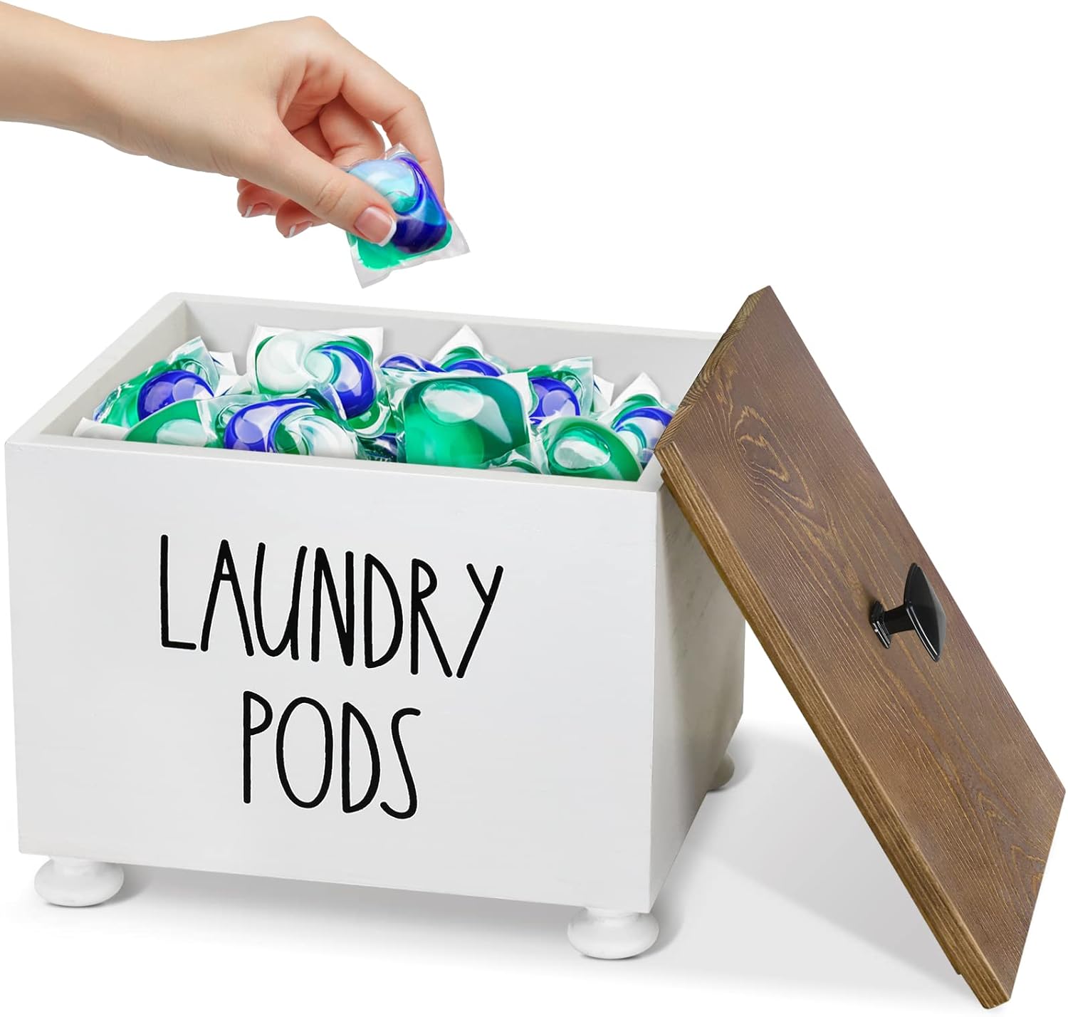 Rustic Wood Laundry Pods Holder Container with Lid for Laundry Room