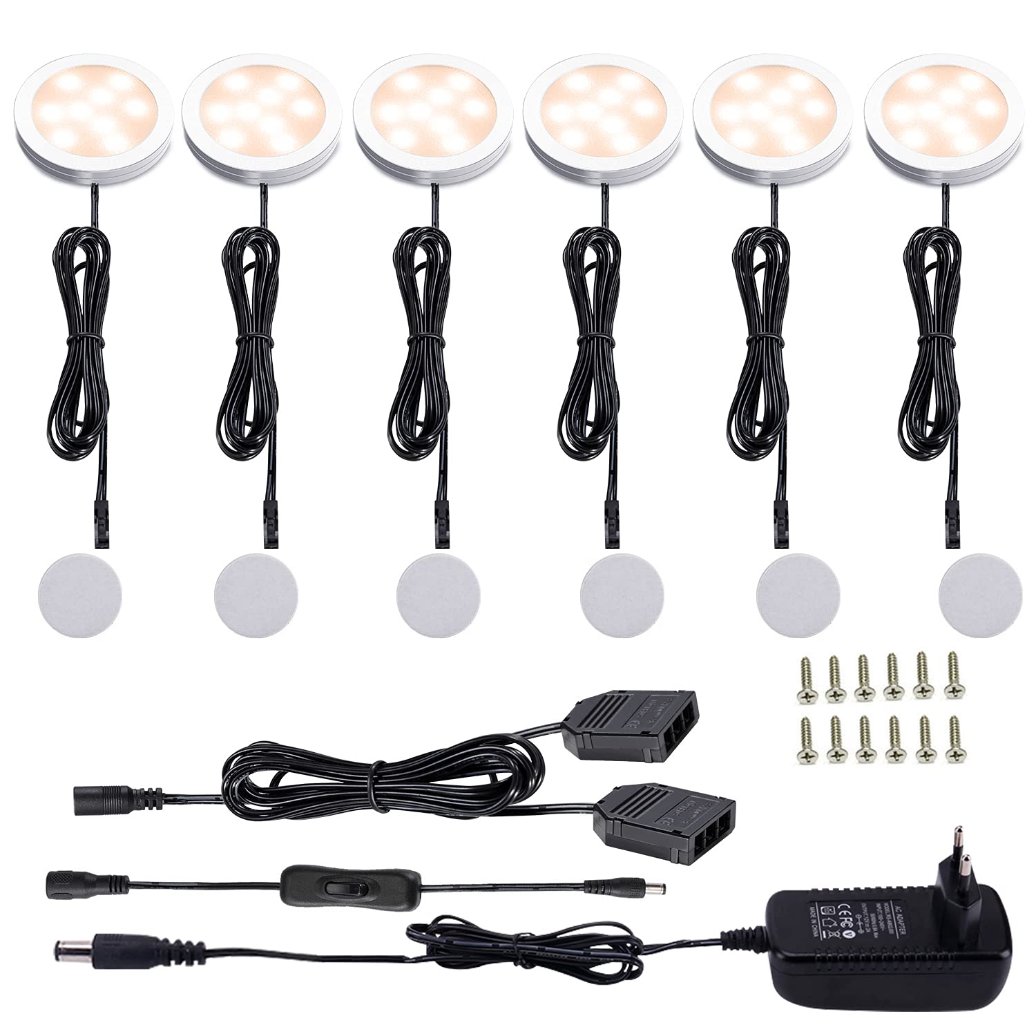 AIBOO LED Lámpara LED Debajo del Gabinete para Cocina, Iluminación Empotrada Ultradelgada Redonda para Armario, Mostrador, Estante, 6paquetes de luces LED para escaparate 12V 12W(Blanco Caliente2700K)