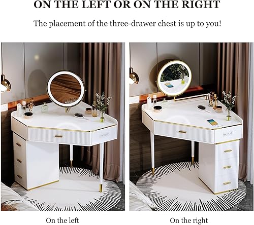 Miniatura 8 de Moderno escritorio de esquina blanco con espejo iluminado, tocador de esquina de gran tamaño, tocador de maquillaje con 4 cajones, armario y espejo