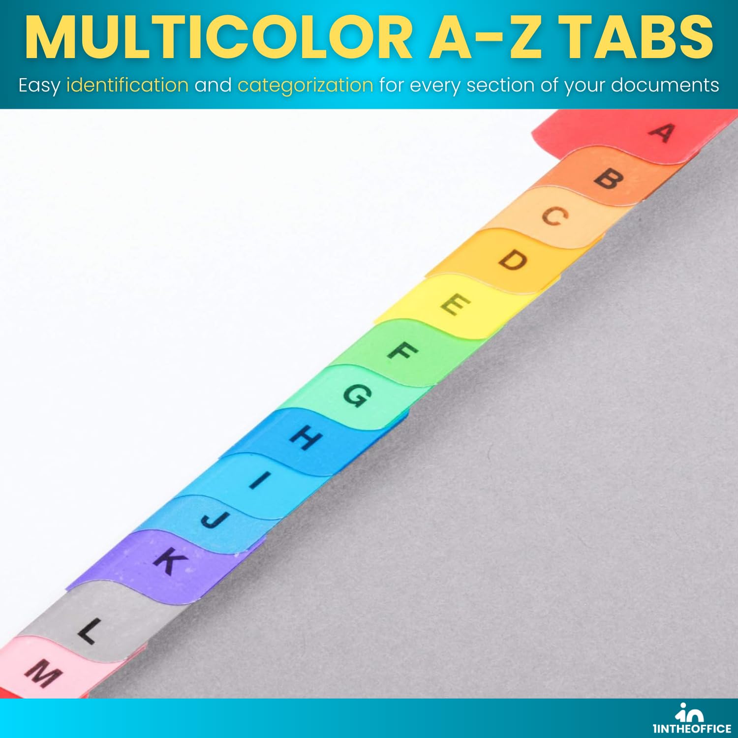 1InTheOffice Divisores alfabéticos para carpetas de 3 anillos, separadores de carpetas de pestañas A-Z, tabla de contenido personalizable, pestañas multicolor, 4 juegos