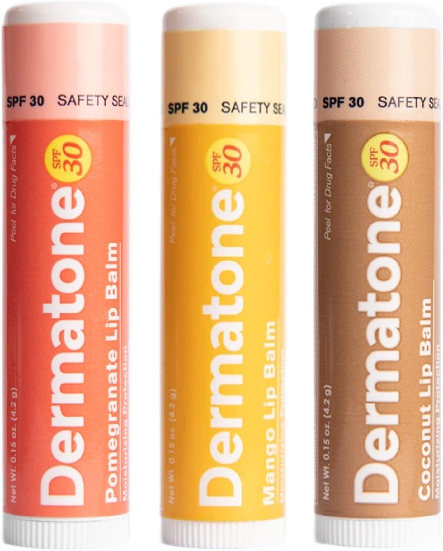 Dermatone Lip Balm Fruit Variety Pack | Moisturizing Lip Care | Soothes & Heals Dry, Chapped Lips | SPF 30 | Aloe, Tea Tree Oil | 3-Pack (Coconut, Mango, Green Tea)