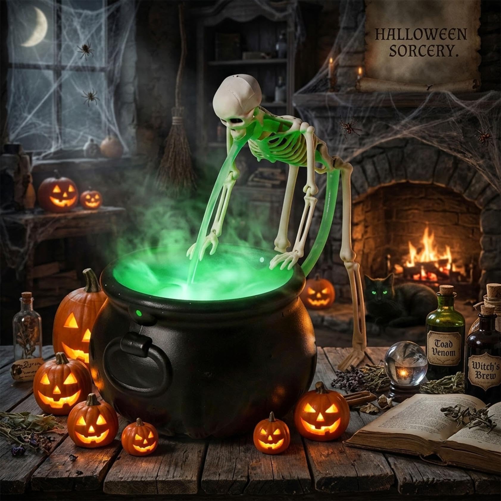 Halloween Decorations Indoor, Vintage Puking Skeleton Cauldron, Green LED Mist Maker, Spooky Black Witch Bowl, Tabletop Mantel Kitchen Decor for Halloween Party，Green