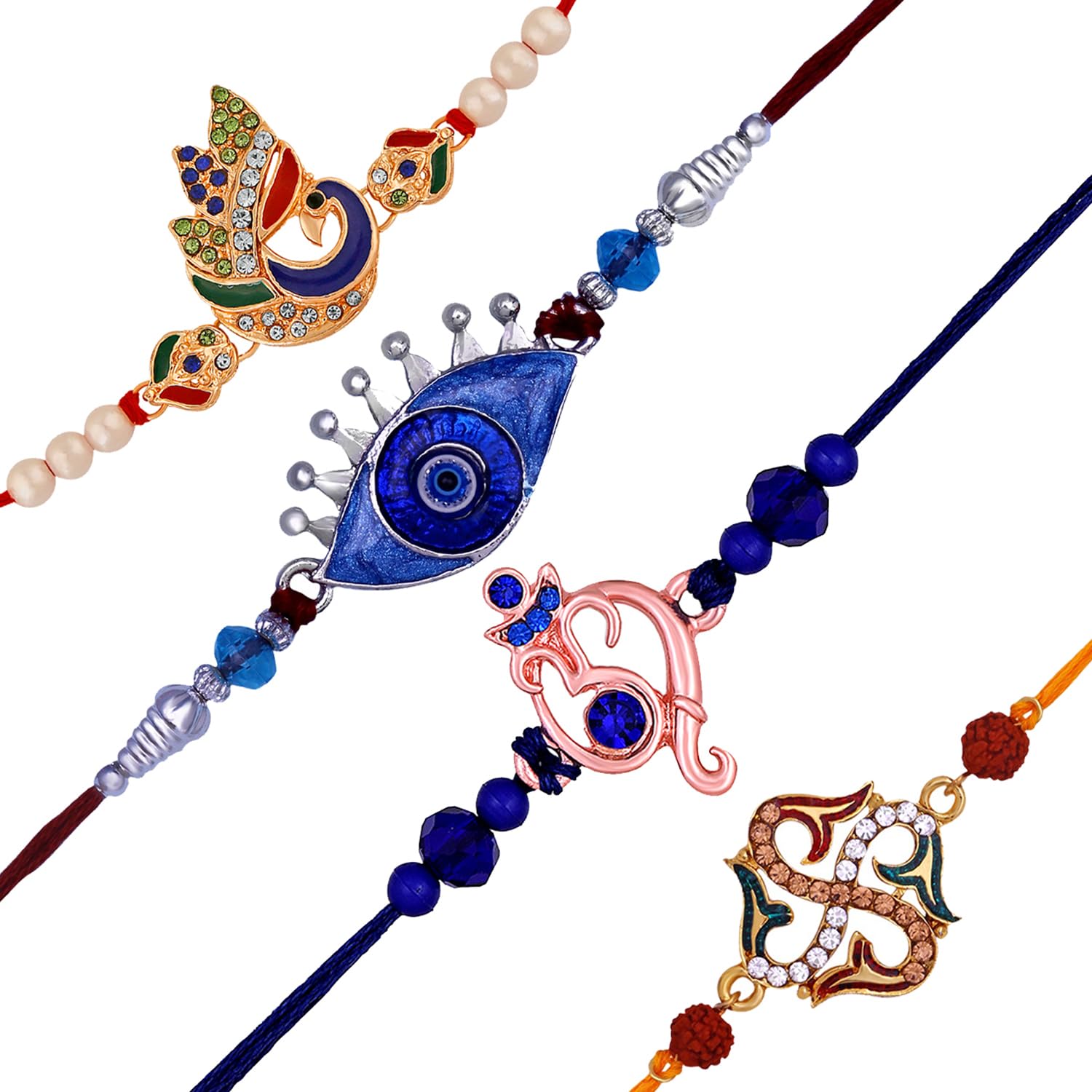 Mahi Multicolor Combo of Evil Eye, Ganpati, Swastil and Peacock Shaped Rakhi Set with Crystals and Meenakari Work for Brothers (RCO1105541M) (B0C9JJQLDR) Amazon Price History, Amazon Price Tracker