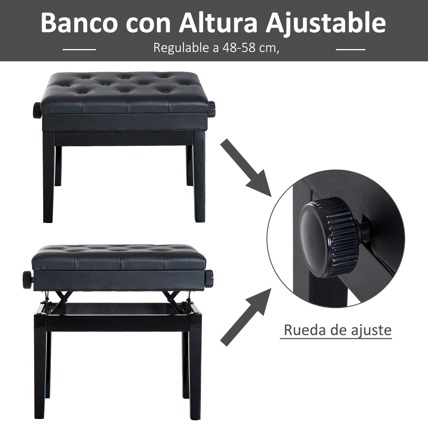 HOMCOM Banqueta para Piano Banco para Piano con Ajustable en Altura de 48 a 58 cm Espacio de Almacenamiento Patas de Madera Taburete para Teclado Acolchado 54,5x33x48-58 cm Negro