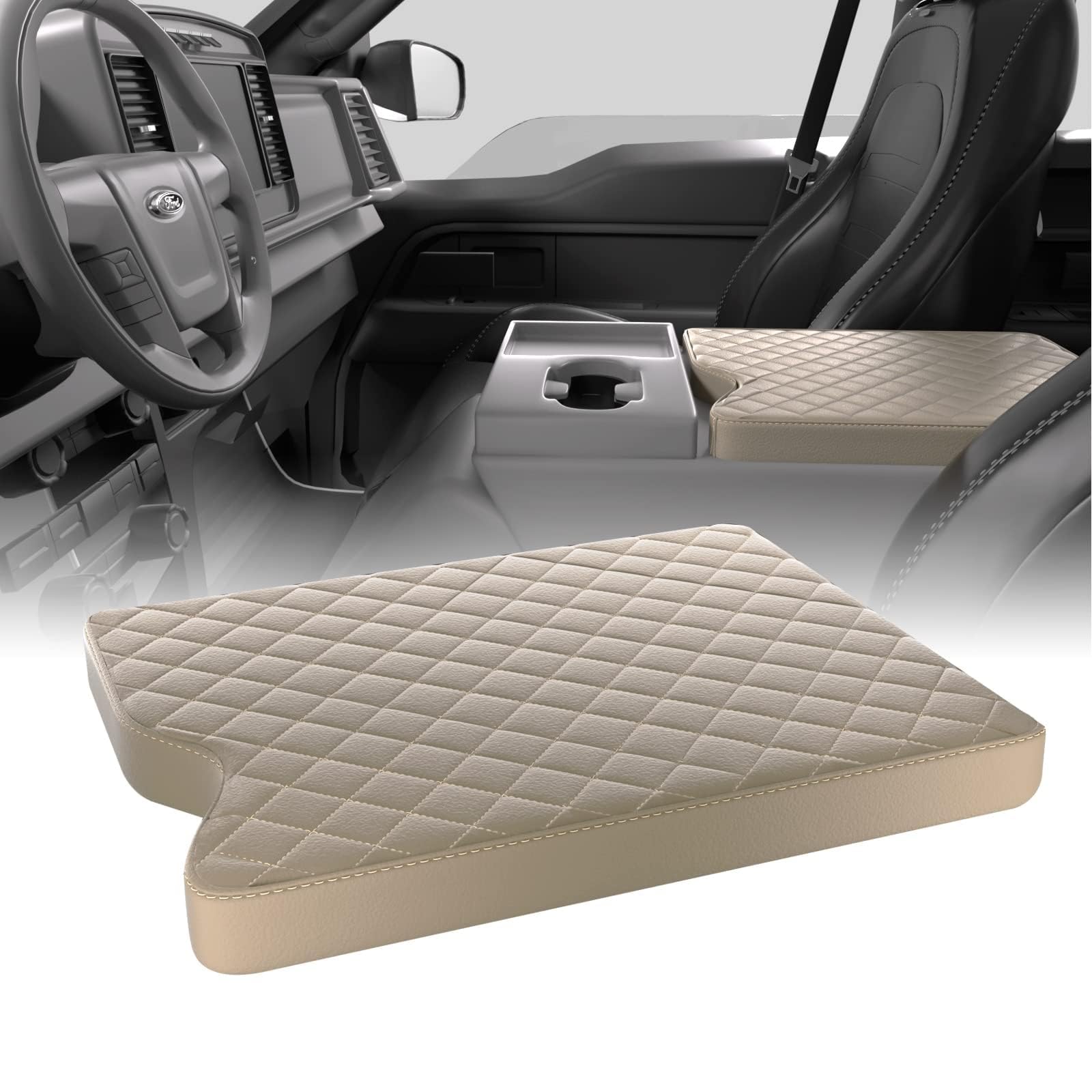 qzhiren Center Console Cover for 2015-2023 Ford F150, 2017-2023 F250 F350 F450 with 40/20/40 Jump Seat,Leather Armrest Cover Center Console Pad Middle Console Cover Armrest Box Cover(Beige)
